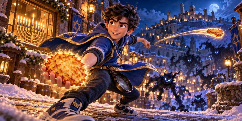 Hanukkah Hero throwing glowing golden latkes against shadow creatures in a snowy village